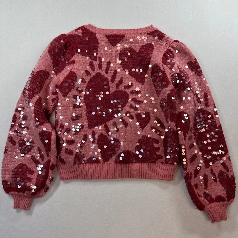 Farm Rio Sequin Hearts Knit‎ Sweater Small Pink Red Wool Blend Love Puff Sleeves